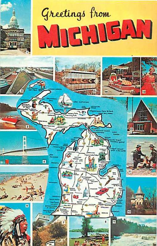 Greetings from Michigan MI, Scenes & Map Chrome Postcard