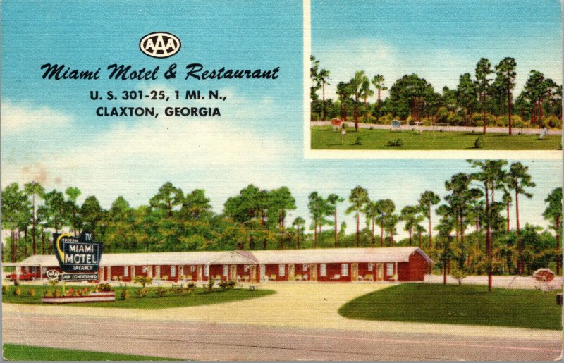 Vtg 1950s Miami Motel & Restaurant US 301/25 Claxton Georgia GA Linen Postcard