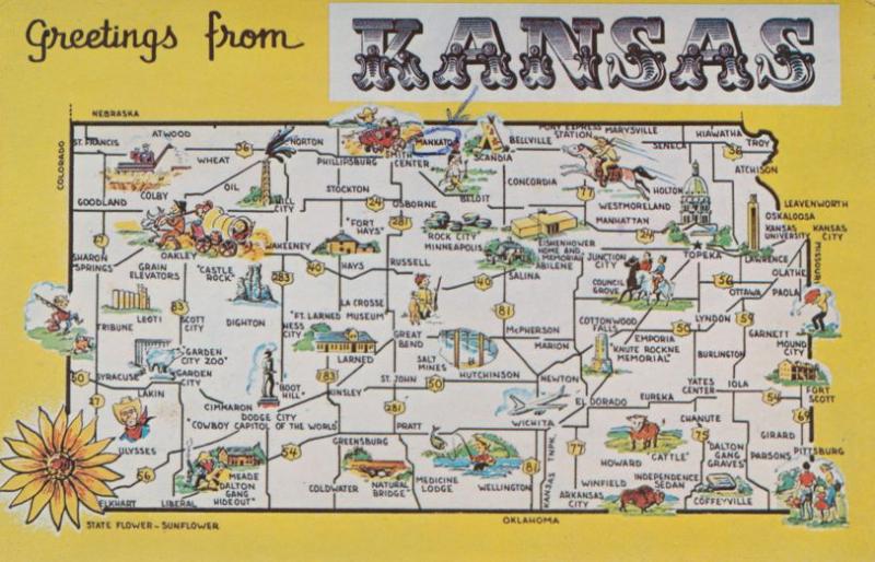 Greetings From Kansas - Map - State Flower Sunflower - pm 1976