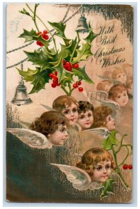 1906 Christmas Wishes Angel Cherubs Head Holly Berries Posted Antique Postcard