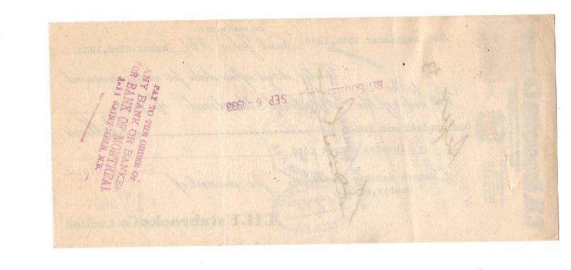 1933 Estabrooks, Red Rose Tea, Cheque w Canadian Stamp, Souris P.E.I.