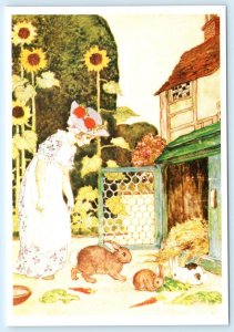 Artist M. Sowerby ~ Little Girl FEEDING BUNNIES Medici Society 4x6 Postcard