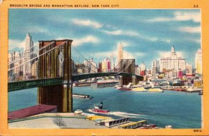 New York City Brooklyn Bridge and Manhattan Skyline 1952