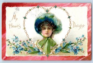 Braddock ND Postcard Valentine Pretty Woman Big Heart Flowers Embossed 1908