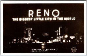 VINTAGE POSTCARD REAL PHOTO RPPC OF VIRGINIA STREET RENO NEVADA AT NIGHT 1925-42