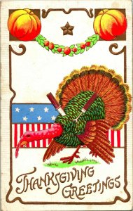 Vtg Postcard 1908 Thanksgiving Greetings w Turkey Being Carved Embossed Pumpkins