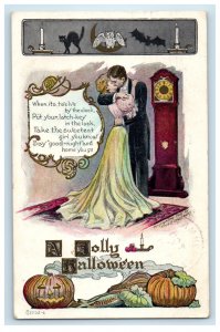 1907 Jolly Halloween Romance JOL Black Cat Owl Moon Bat Fred Lounsbury Postcard 
