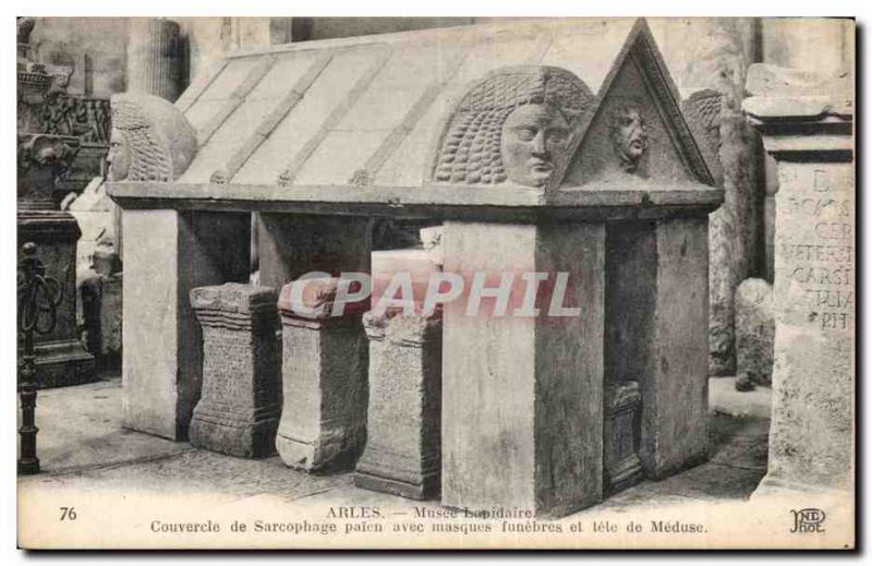 Old Postcard Arles Museum lapidary Sarcophagus Lid with amsques pagan funeral...