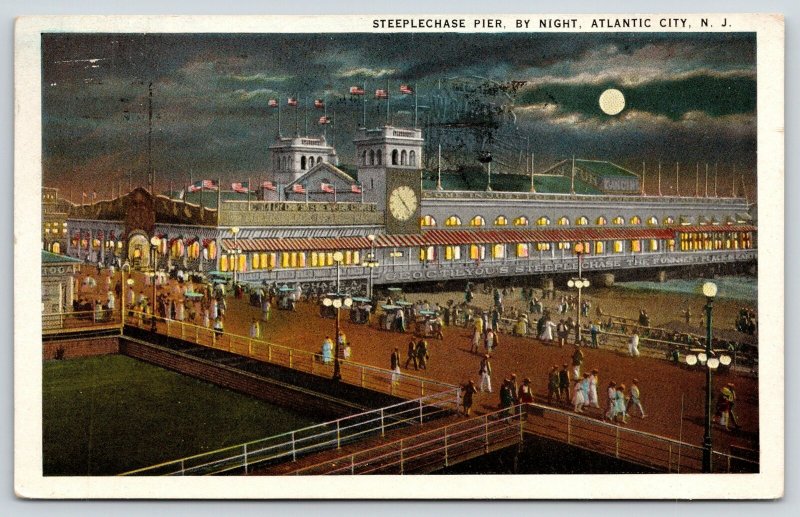 Atlantic City New Jersey~Steeplechase Pier Night Lights~Clock~Full Moon~1923 PC 