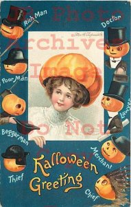 Halloween, IAP No 1238-4, Ellen Clapsaddle, Woman Wearing a Pumpkin Hat