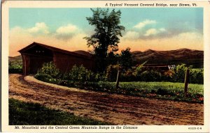 Covered Bridge Stowe VT Mt Mansfield Green Mountains c1950s Vintage Postcard T16