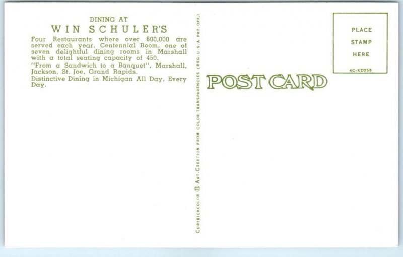 Postcard - Centennial Room, Dining At Win Schuler's - Marshall, Michigan