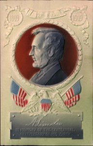 Abraham Lincoln with American Flags and Plaque Embossed Airbrushed c1910 PC
