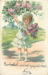 Lovely girl picking lilac flowers early embossed postcard 1908 Hungary