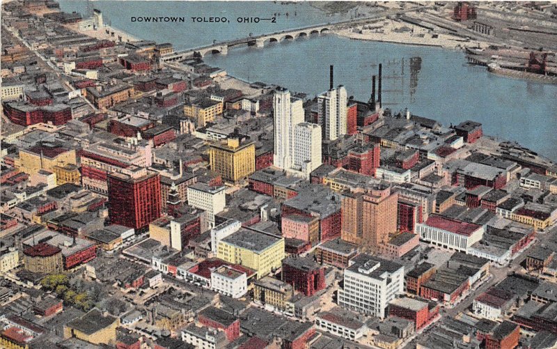 Toledo Ohio 1943 Postcard Aerial View Downtown 