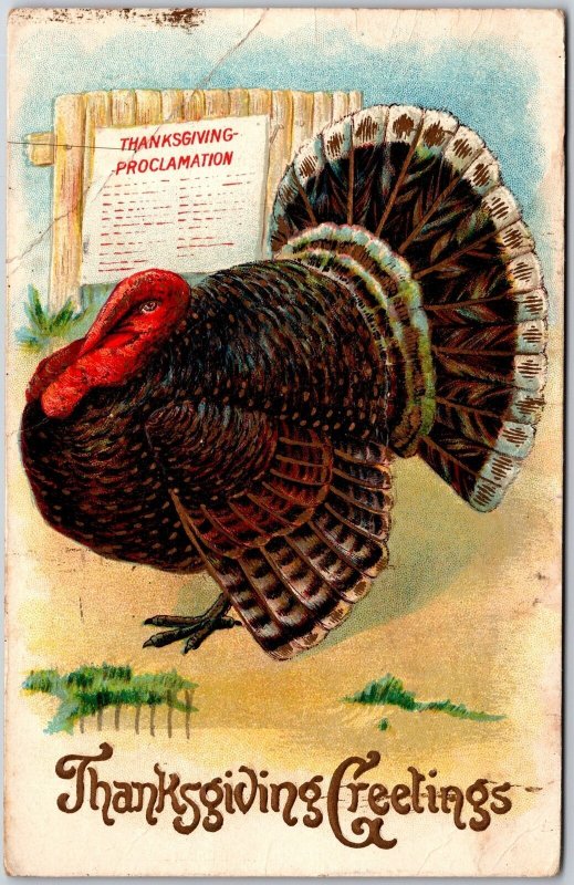 1910's Thanksgiving Greetings Turkey Thanksgiving Proclamation Posted Postcard