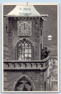 Christmas Postcard Clock Tower Men With Trumpet Snow Winter Scene c1910's