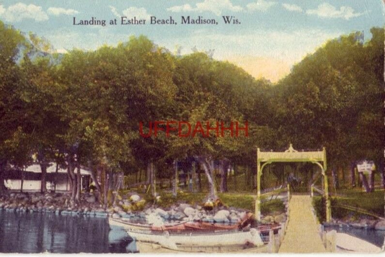 1916 LANDING AT ESTHER BEACH, LAKE MONONA, MADISON, WI boats at the pier