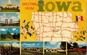 Vtg Greetings Iowa Map Multi-view State Flower Bird Highways Scenic Postcard