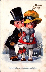 Happy New Year Little Pitche Boy And Girl  Vintage Postcard C051