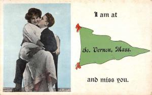 South Vernon Massachusetts Couple Kissing Pennant Flag Antique Postcard K83996