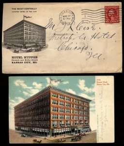 US 1912 Advertising cover and postcard Hotel Kupper Kansas city Mo. GORGEOUS