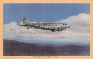 THROUGH WESTERN SKIES~WESTERN AIR LINES DC-3~OPERATED SINCE 1926~1940s POSTCARD