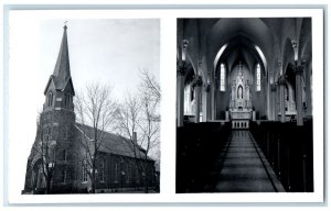 St. Mary's Church Interior Utica Illinois IL, Dual View RPPC Photo Postcard