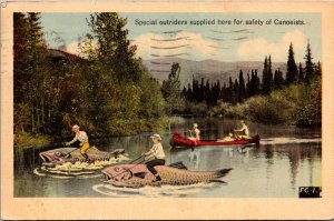 Exaggeration, Men Riding Giant Fish For Safety of Canoeists Vintage Postcard V58