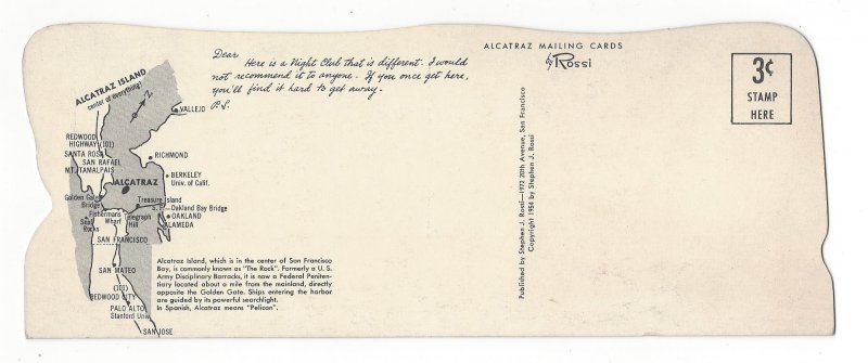 CA San Francisco Club Alcatraz On The Rock 1954 Rossi Die Cut 10X4 Postcard