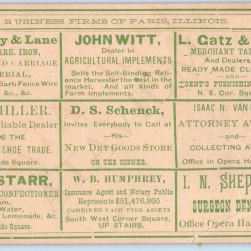 c1880s Paris, Illinois Multiple Business Firm Advertising Trade Card List IL C45