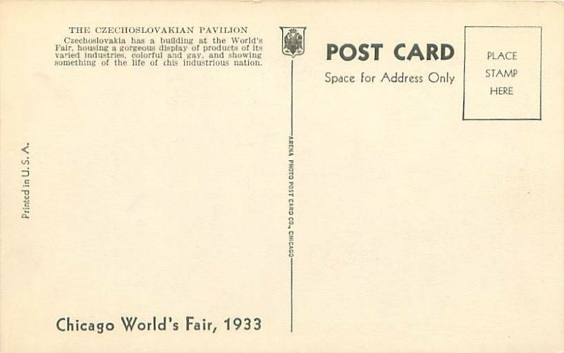 1933 Chicago World's Fair Czechslovakian Pavilion Litho Postcard Unused