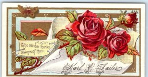 c1880s Karl Sailer Name Calling Trade Card Sender Thinks Colorful Gilt Rose C3