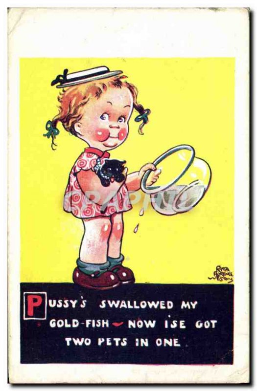 Old Postcard Fantasy Illustrator Child Pussy & # 39s Swallowed my Gold Fish G...