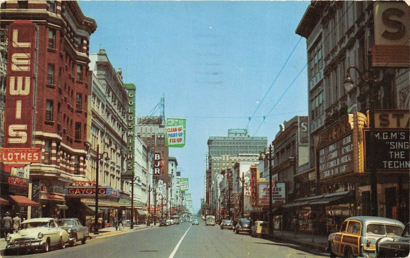 Memphis Tennessee 1954 Postcard Main Street with the Gayoso Hotel Theatre 