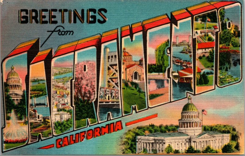 Vtg Large Letter Greetings From Sacramento California CA Linen Postcard