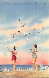 Long Beach, Long Island NY New York  BATHING BEAUTIES Feeding The GULLS Postcard