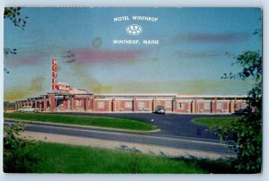 Winthrop Maine ME Postcard Motel Winthrop Panoramic View Classic Car 1959 Posted