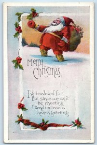 1924 Christmas Santa Claus With Sack Of Toys Holly Berries Winter Scene Postcard