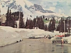 Postcard Tourist scene,  people viewing Mount Rainier, WA    W5