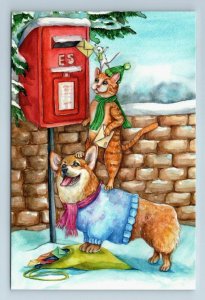 CAT Corgi DOG and MOUSE send Xmas Letter Mailbox Snow Funny New Modern Postcard