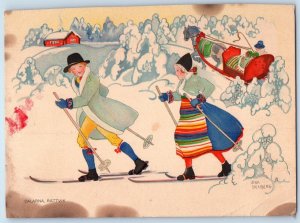 c1910's Christmas Girl Boy Skiing Winter Scene Horse Sleigh Antique Postcard