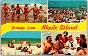 Greetings From Rhode Island Diamond Beach Bathing Umbrellas Bathers Postcard