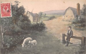 A149 Painting 1914 Boy Watching Sheep and Lamb Cottages vintage postcard
