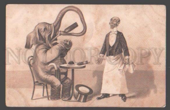 098374 Dressed ELEPHANT Top Hat & Waiter RESTAURANT Vintage PC