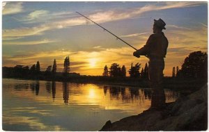 Silhouetted Angler, Fishing In Canada, Vintage 1965 Chrome Postcard