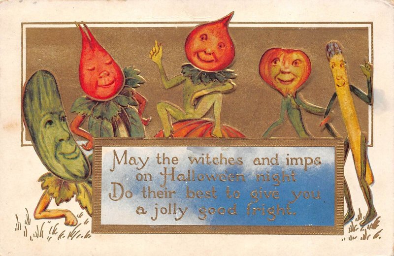 Hallowe'en Vegetable People  Wishing You A Jolly Good Fright, Embossed,PC U10786