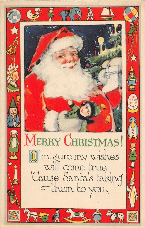 F44/ Santa Claus Merry Christmas Holiday Postcard c1910 Toy Border 14