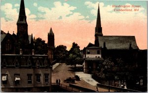 Postcard MD Cumberland Washington Street antique cars church