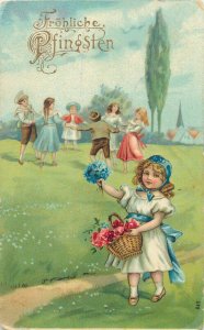 Pentecost greetings 1908 postcard drawn children lovely girl flowers Hungary